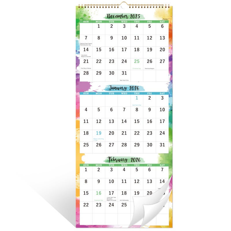 Poluma 2026 Calendar - 3 Month Wall Calendar 2026 Display (Folded in a Month), Jan 2026 - Dec 2026, 11" x 26", Vertical Calendar with Thick Paper, 2026 Wall Calendar Perfect for Organizing & Planning - Image 1